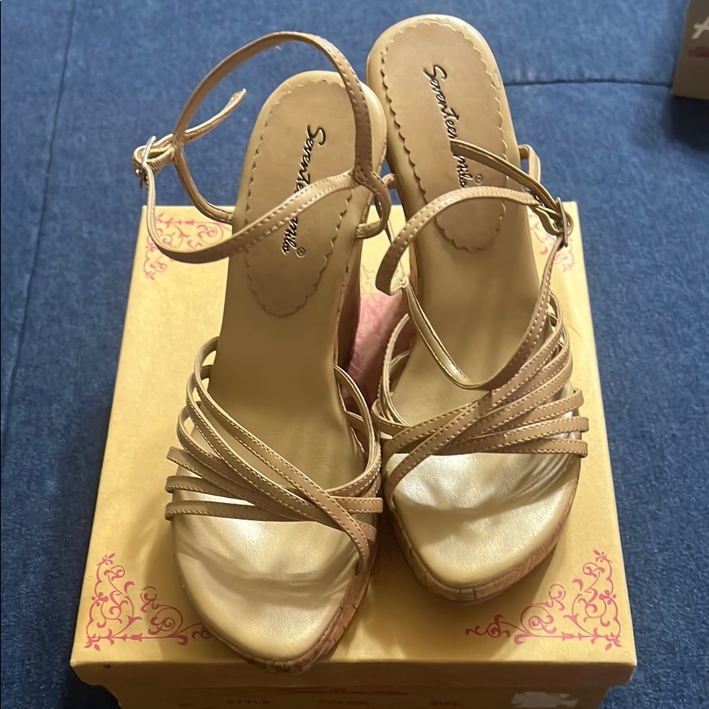 Women's Tan Strappy Sandals / cork wedge by Seventeen Miles, Size 8 1/2